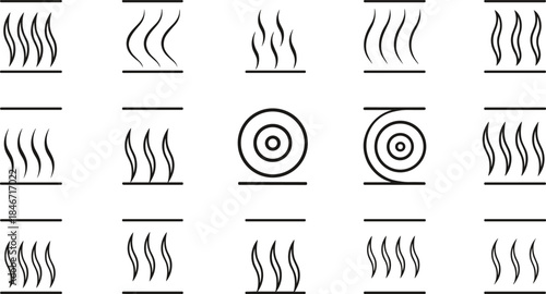 Hot surface and heat warning symbol vector set with wavy lines and circular stove icons, safety signage illustrations isolated on white background