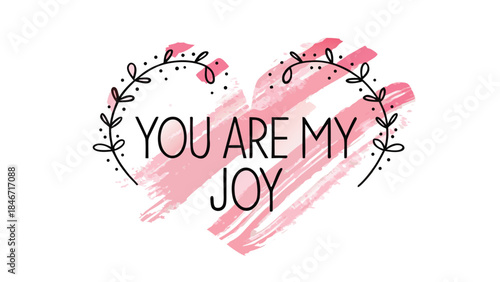 Soft pink gradient watercolor heart with arrow, floral wreath, and joyful text