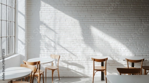 Sunny room with empty chairs, tables for use in restaurants or offices, indoors
