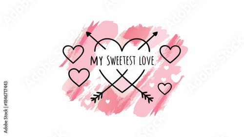 Watercolor romantic heart design with blush and pink tones featuring crossed arrows and my sweetest love text