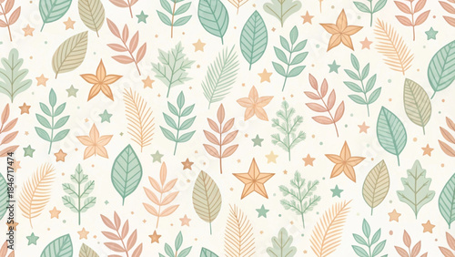 Seamless pattern with simple autumn leaves and small stars vector background 