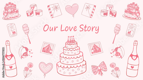 Champagne bottles and wedding cake with fairy silhouette on light pink background with hearts and photos