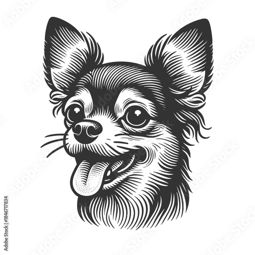 cheerful chihuahua with tongue out, featuring expressive eyes and fine linework sketch engraving generative ai fictional character vector illustration. Scratch board imitation. Black and white image.