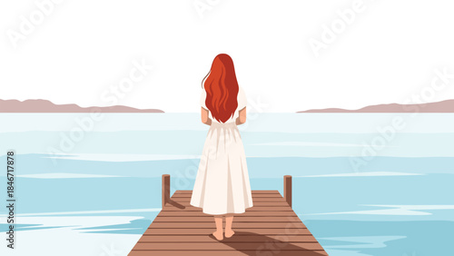 Woman in white dress stands on a wooden pier gazing out at a calm lake and distant mountains.