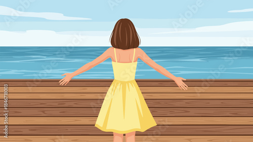 Woman with arms outstretched enjoys a peaceful moment overlooking the vast ocean on a wooden deck.