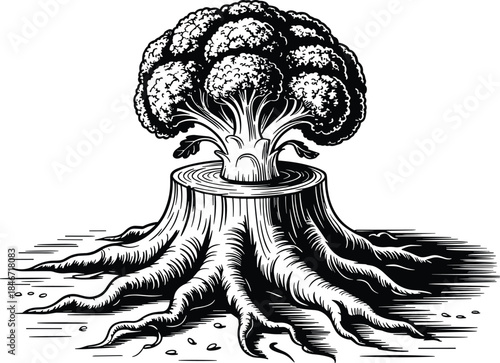 Surreal woodcut illustration of broccoli vegetable growing from old tree stump with roots in black ink.