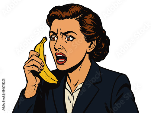 surprised woman holding a banana like a phone, shouting with an expressive and dramatic face. Generative ai vector colorful pop art illustration.