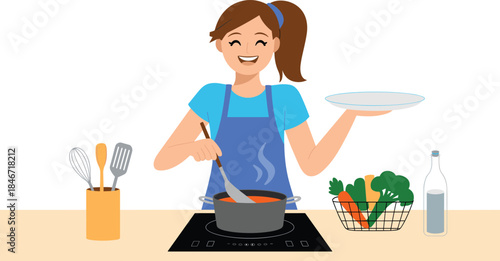Smiling Woman in an Apron Cooking a Hot Meal on an Induction Stove, Holding an Empty Plate and Surrounded by Kitchen Tools and Fresh Vegetables.