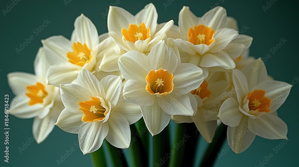 Fototapeta premium Close-up of a bouquet of white daffodils with orange centers