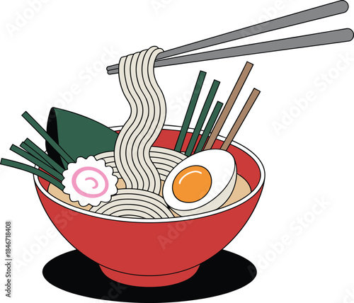 Delicious Japanese Ramen Noodle Soup in a Red Bowl with Classic Toppings: Half-Boiled Egg, Narutomaki, Seaweed, and Green Onions, Eaten with Chopsticks.