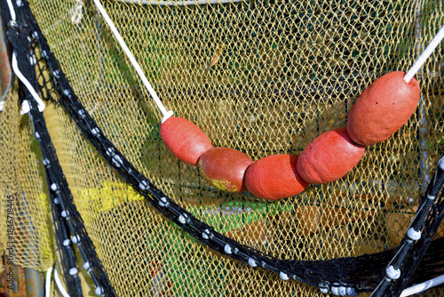 characteristic fishing net in punta chiappa Camogli, Liguria, Italy
