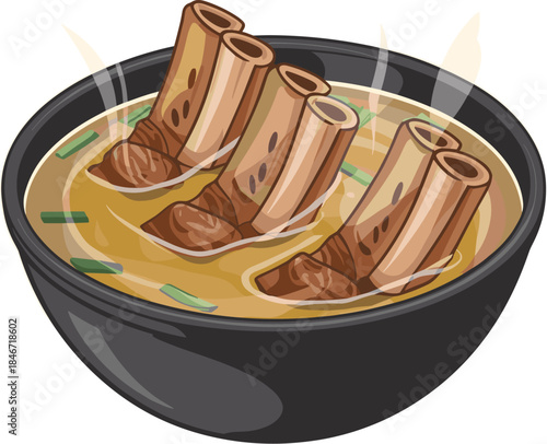 Steaming Hot Beef Bone Marrow Soup Bowl Vector Illustration
