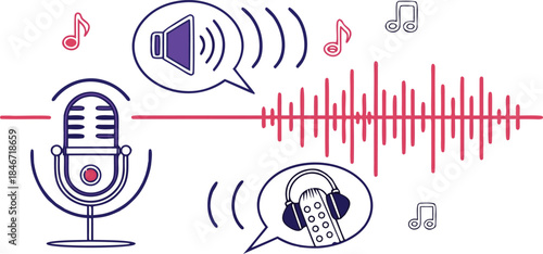 A conceptual illustration of audio recording and playback with microphone and sound waves
