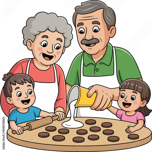 Happy grandparents baking cookies with grandchildren at home, family bonding activity, joyful senior lifestyle, cute cartoon illustration for concepts