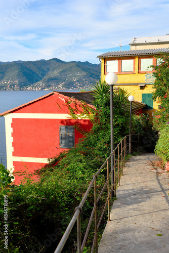 Panoramic view of Camogli and Punta Chiappa, in Liguria, Italy