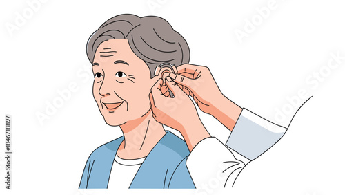 Healthcare professional gently fitting a small, modern hearing aid into the ear of a smiling senior woman, improving her quality of life.