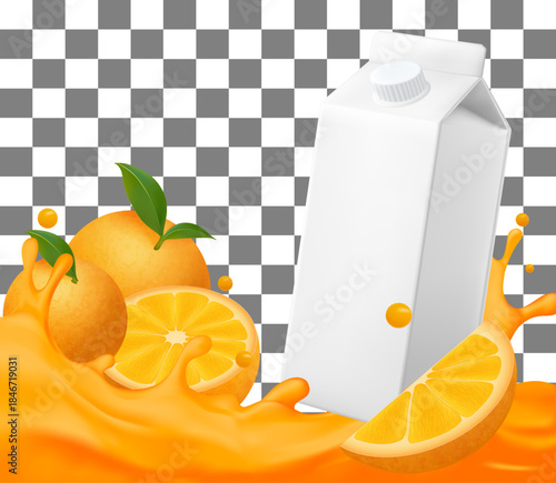 Empty juice carton with splashes of orange juice, including whole and half oranges. Suitable for Orange juice packaging advertising on a transparent background.