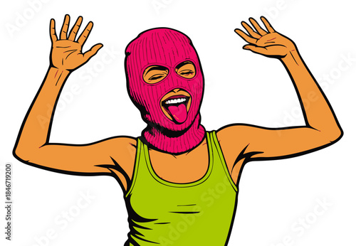 woman in a pink balaclava, making a silly face and posing with hands up. Generative ai vector colorful pop art illustration.