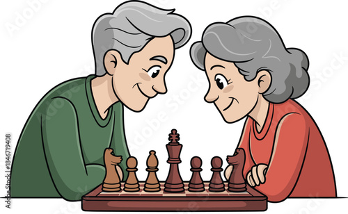 Smiling elderly couple playing chess together, senior man and woman enjoying board game, retirement lifestyle illustration, mental health activity concept
