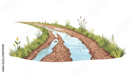 A winding dirt path cuts through a grassy landscape with puddles of water reflecting the sky, creating a serene outdoor scene.