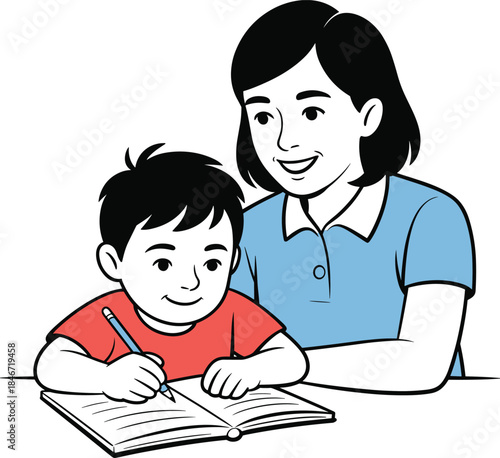 Mother helping young child writing homework at home, parent child learning moment, education support concept, simple flat cartoon illustration