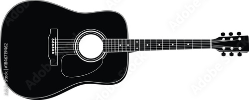 Black acoustic guitar silhouette vector illustration isolated on white background for music design posters logos prints merchandise and branding projects