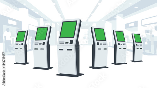 Modern self-service kiosks stand in a bright, spacious hall, offering interactive technology and convenient solutions for customers and visitors.