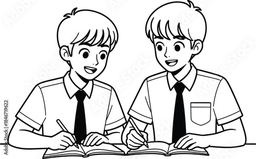 Two students studying together illustration, boys writing in books, school education teamwork concept line art, learning friendship academic drawing