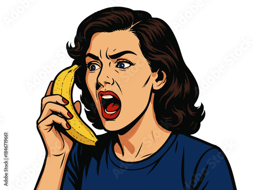 surprised woman holding a banana like a phone, shouting with an expressive and dramatic face. Generative ai vector colorful pop art illustration.