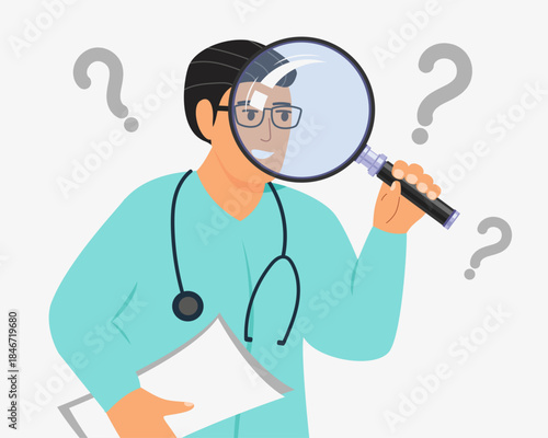 Nurse looking through magnifying glass, checking, analysing, studying. Vector illustration.