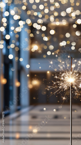 Sparkler burning vividly with bright sparks and blurred bokeh lights in luxury hotel lobby, creating festive and warm atmosphere for celebration and joy