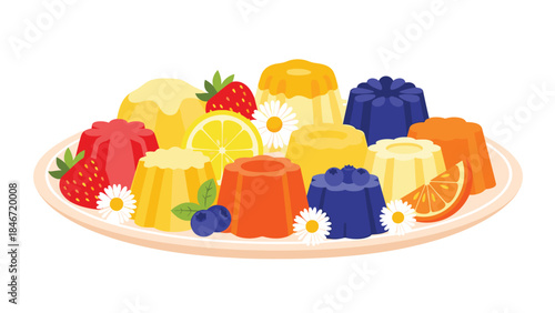 Colorful assortment of fruit-flavored gelatin desserts and fresh berries are beautifully arranged on a decorative plate.