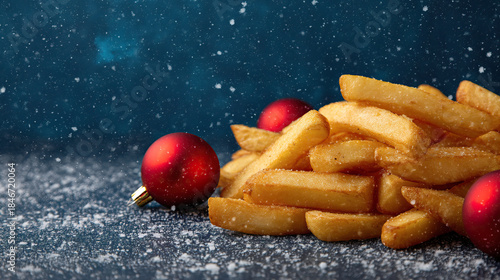 French fries with red Christmas ornaments and snowflakes on dark blue background, creating festive winter holiday mood with warm golden tones and cozy atmosphere