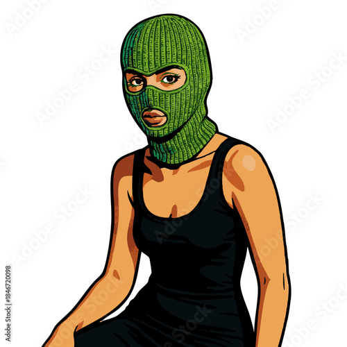 woman in a green balaclava and black dress, sitting with a composed yet intense expression. Generative ai vector colorful pop art illustration.