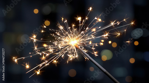 Lit sparkler with glowing sparks and bokeh lights in dark outdoor setting creating festive and joyful atmosphere for holiday celebration