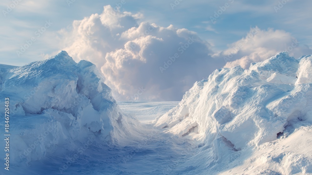 Obraz premium Winter landscape featuring a deep snow canyon or gorge with towering icy walls and a path leading towards large white clouds under a bright blue sky. Depicting cold. Nature. Wilderness. And adventure