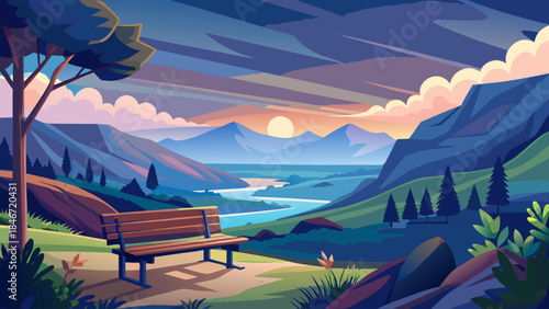 Very beautiful quiet mountain overlook featuring a solitary park bench, expansive valley view, soft sky tones, and reflective atmosphere illustrated in minimalist vector style.