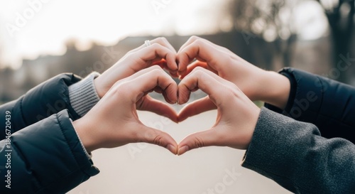 Four hands connect, fingers forming a large heart shape outdoors