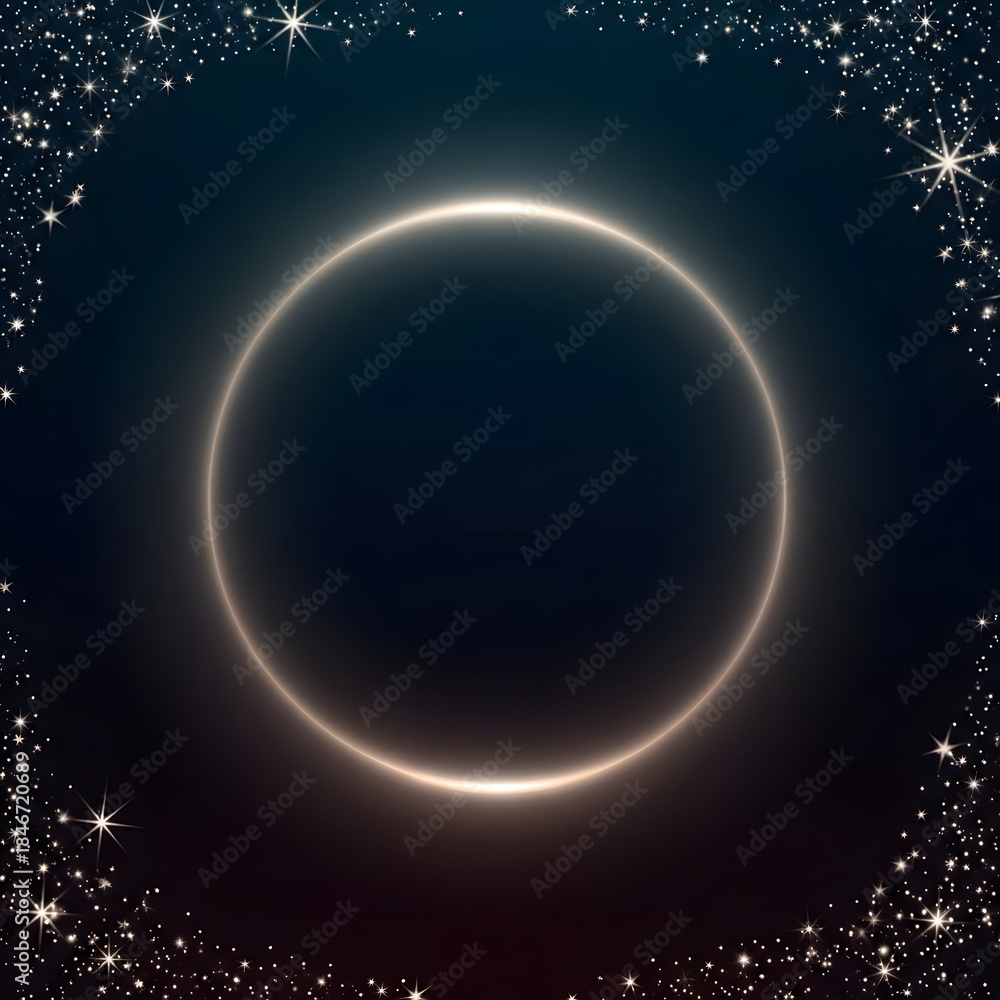 Fototapeta premium Illustration of solar eclipse with glowing ring and stars in dark space background