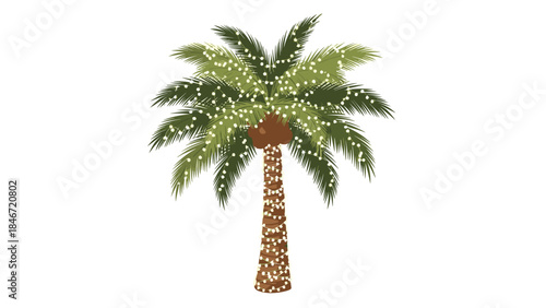 Festive palm tree decorated with twinkling lights and falling snow creates a unique tropical holiday scene.
