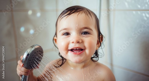 Happy baby smiles, holding showerhead with water spraying