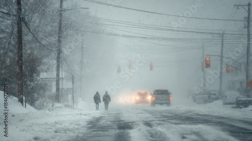 People braving heavy swirling blizzard conditions on a snow covered street, walking alongside vehicles with headlights cutting through poor visibility during a severe winter storm