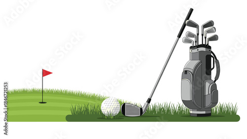 Golf equipment including a ball, club, and bag are positioned on a green course with a red flag in the distance.