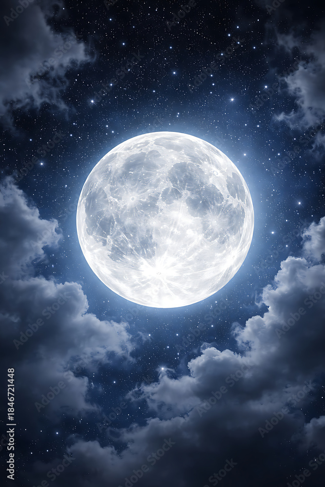Fototapeta premium A breathtaking full moon glowing brightly in the center of a deep night sky, revealing detailed lunar craters and textures. Soft, wispy clouds gently frame the moon from the edges