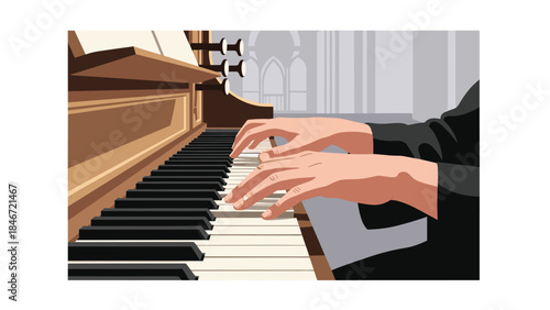 Hands playing a grand piano in a cathedral setting, showcasing musical performance and artistic expression.
