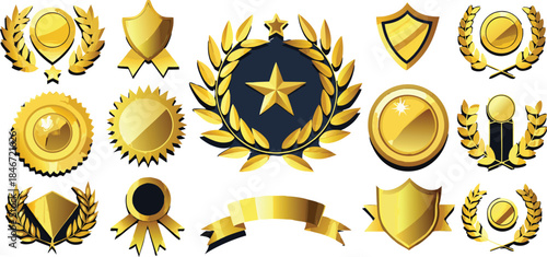 Set of golden award symbols and luxury emblems showcasing achievement and quality