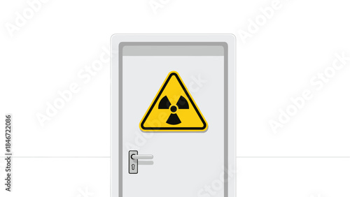 A gray door displays a prominent yellow and black radiation warning symbol, indicating a potentially hazardous area requiring caution.