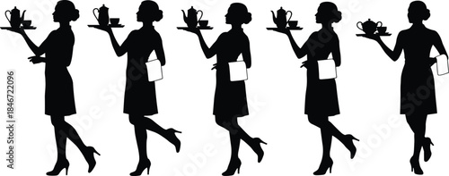 Repetitive silhouette pattern of a professional waitress or tea server carrying a tray with a teapot and cup, illustrating hospitality, service, restaurant staff, and catering concepts.