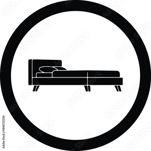 Vector Modern double bed furniture pictogram inside a thick circular silhouette Illustration