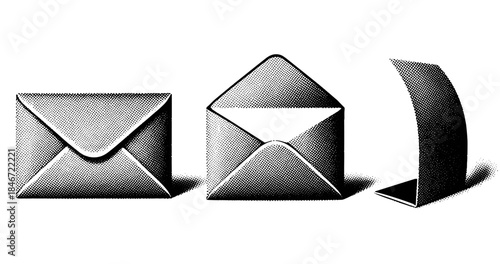 Black and white halftone envelopes and letter on white background